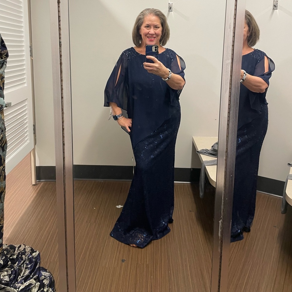 Long Gown with Cape Overlay - Navy
